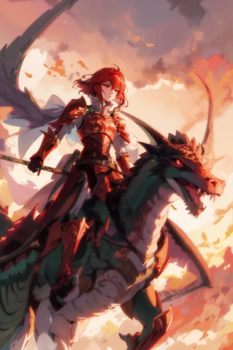 <lora:minerva-nvwls-v1-final>, minerva, red armor, green headband, cape, red gloves, belt, brown pants, armored boots, spear, holding spear, lance, holding weapon, <lora:riding_a:.5> riding on a dragon, flying, (from below:1.3), sky background, twilight, red sky, (silhouette:1.1)