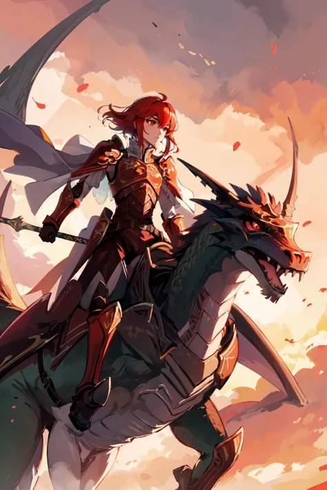 <lora:minerva-nvwls-v1-final>, minerva, red armor, green headband, cape, red gloves, belt, brown pants, armored boots, spear, holding spear, lance, holding weapon, <lora:riding_a:.5> riding on a dragon, flying, (from below:1.3), sky background, twilight, red sky, (silhouette:1.1)