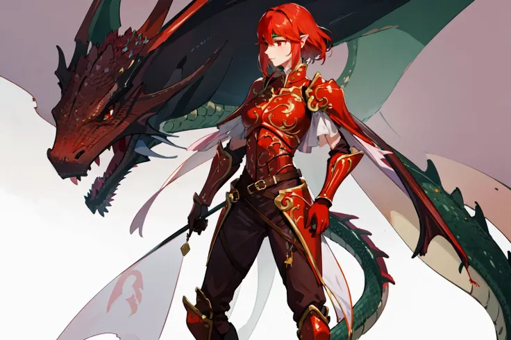 <lora:minerva-nvwls-v1-final>, minerva, red armor, green headband, cape, red gloves, belt, brown pants, armored boots, (petting, dragon, large dragon, pet:1.3), (castle background:1.1), from side