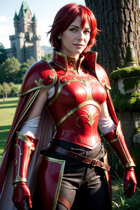 Minerva, wearing red armor, a green headband, cape, red gloves, belt, brown pants, and armored boots, stands in a forest with a castle in the background.
flirting with the camera, epic, action, angry, smiling
<lora:minerva-nvwls-v1:0.8>