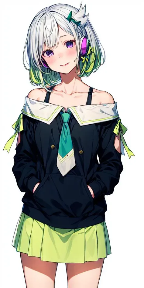YuNi,solo,1girl,<lyco:YuNi:0.7>,1girl, solo, skirt, smile, shirt, purple eyes, green skirt, braid, black shirt, pleated skirt, collarbone, bow, side braid, multicolored hair, bare shoulders, green hair, off-shoulder shirt, :d, off shoulder, gradient hair, hair bow, blush, bangs,petals, headphones, green bow, single braid, grey hair, long hair, head tilt, necktie, miniskirt, shoulder cutout,<lora:flat2:-0.5>,<lora:boldline2:-0.5>,<lora:saturation:0.5>,<lora:noline:-0.5>,<lora:flatBG:0.5>,<lyco:kotobuki:-0.75>