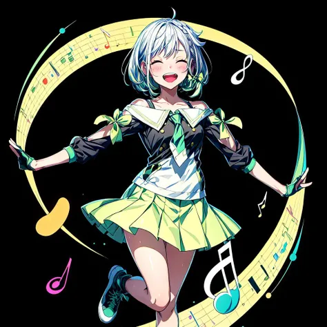 YuNi,solo,1girl,<lyco:YuNi:0.7>,1girl, green gloves, solo, one eye closed, skirt, gloves, virtual youtuber, musical note, shirt, braid, fingerless gloves, open mouth, black shirt, standing on one leg, bow, necktie, collarbone, eighth note, pleated skirt, off shoulder, bangs, black footwear, grey hair, standing, white background, long sleeves, shoes, socks, bare shoulders, looking at viewer, hair bow, side braid, green skirt, teeth, single braid, off-shoulder shirt, purple eyes, blush, green bow, upper teeth only, ;d, smile, beamed eighth notes, shoulder cutout, quarter note, green necktie,<lora:flat2:-1>,<lora:boldline2:-0.5>