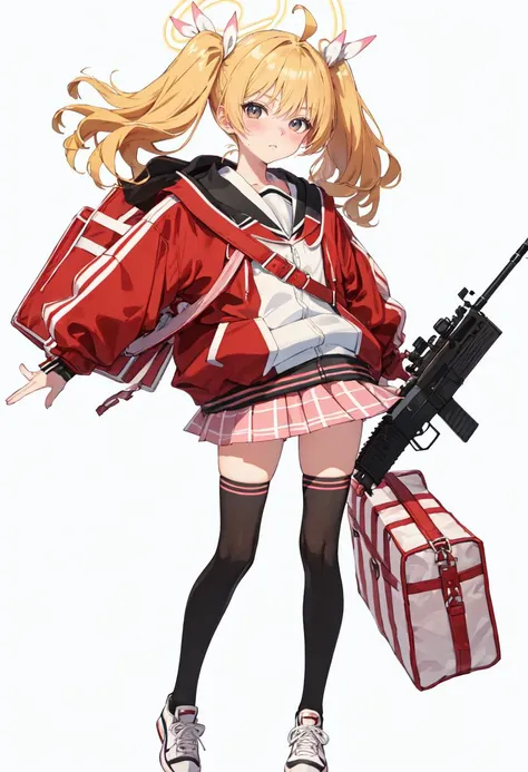 best quality, masterpiece, highres, solo, (yoshimi_bluearchive:1.10), 1girl, black thighhighs, blush, long sleeves, red jacket, bag, closed mouth, looking at viewer, pleated skirt, pink skirt, simple background, stuffed rabbit, full body, sneakers, track jacket, white background, white ribbon, assault rifle, battle rifle, hooded jacket, sailor collar, white footwear, 4 <lora:yoshimi_bluearchive:0.80>