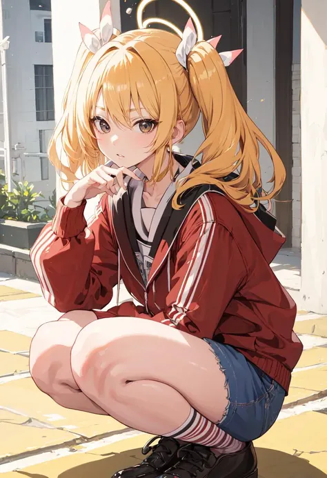 (safe:1.10), best quality, masterpiece, highres, solo, (yoshimi_bluearchive:1.10), squatting, cowboy shot, looking at viewer, 32 <lora:yoshimi_bluearchive:0.80>