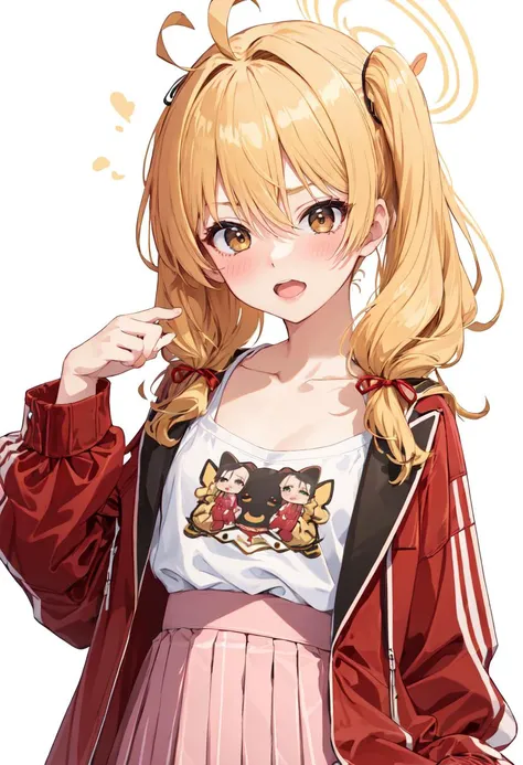 best quality, masterpiece, highres, solo, (yoshimi_bluearchive:1.10), 1girl, blush, long sleeves, pink skirt, pleated skirt, red jacket, simple background, white background, white shirt, looking at viewer, yellow halo, collarbone, hair between eyes, official alternate costume, open jacket, open mouth, red ribbon, 5 <lora:yoshimi_bluearchive:0.80>