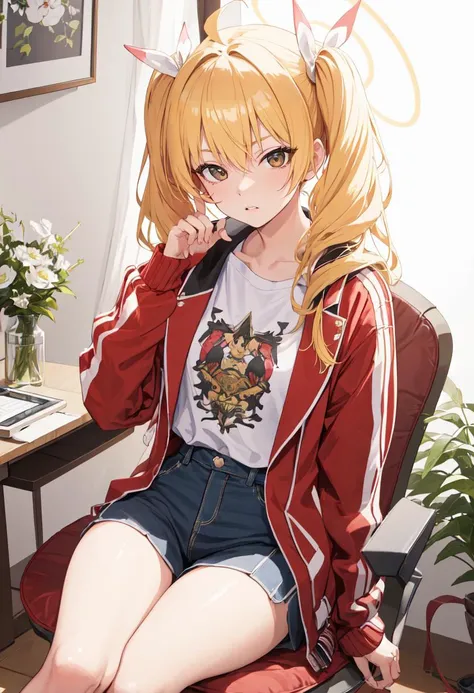 (safe:1.10), best quality, masterpiece, highres, solo, (yoshimi_bluearchive:1.10), sitting, sitting on chair, chair, cowboy shot, looking at viewer, 31 <lora:yoshimi_bluearchive:0.80>