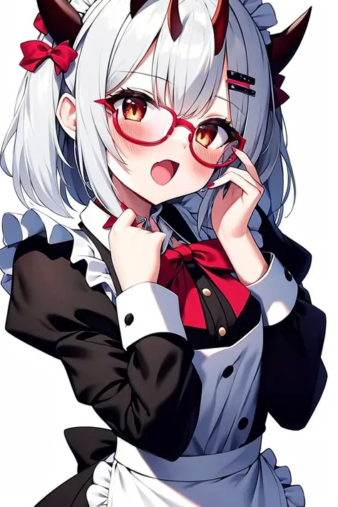 1girl, alternate costume, apron, bangs, blood, blush, bow, brooch, enmaided, eyebrows visible through hair, frills, glasses, hair bow, hair ornament, hairclip, horns, jewelry, long sleeves, looking at viewer, maid, maid apron, maid headdress, nail polish, open mouth, puffy sleeves, red bow, red nails, red ribbon, ribbon, silver hair, simple background, solo, upper body, white apron, white background