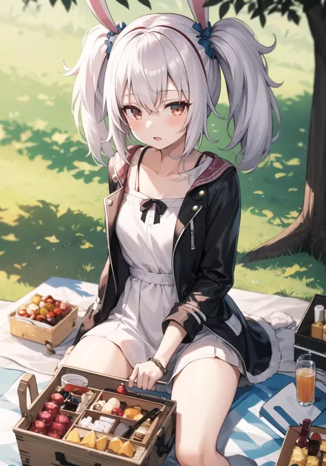 masterpiece, best quality, 1 girl, <lora:laffeyAzurLane_v1:0.8>, picnic_dress, fake animal ears, jacket,