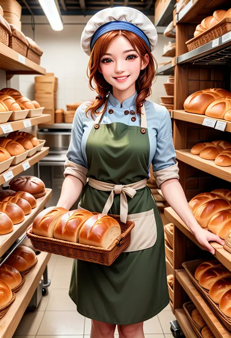 (medium full shot) of (attractive baker) young woman, chinese, pale skin, brown eyes, normal build, long ginger bob hair,  wearing a baker hat, button-up shirt, apron, khakis, clogs, holding a bread loaf, set in  Bakery, Bread Station, dedicated space with proofing baskets, a large oven, wooden bread boards, bins of flour, a scale for measuring ingredients, woman smiling,  ,Masterpiece,best quality, photo, realistic, very aesthetic, detailed face,