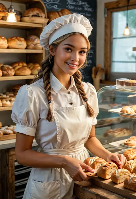 (medium full shot) of (attractive baker) young woman, native american, tan skin, hazel eyes, petite build, long blonde retro hair,  wearing a baker hat, white blouse, apron, skirt, loafers, holding a rolling pin, set in  Bakery Counter, cozy space with glass display cases filled with pastries, a cash register, shelves with bread loaves, a chalkboard menu, warm lighting, woman smiling, ,Masterpiece,best quality, photo, realistic, very aesthetic, detailed face,