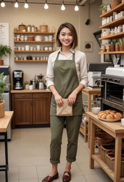 (medium full shot) of (charming baker) young woman, philippine, fair skin, light brown eyes, willowy build, long hazel inverted bob hair,  wearing a button-up shirt, slacks, professional shoes, oven mitts, set in  Bakery Shop, Coffee Corner, inviting space with a coffee machine, a counter with coffee supplies, small tables and chairs for customers, potted plants for ambiance , woman smiling, Masterpiece,best quality, photo, realistic, very aesthetic, detailed face,