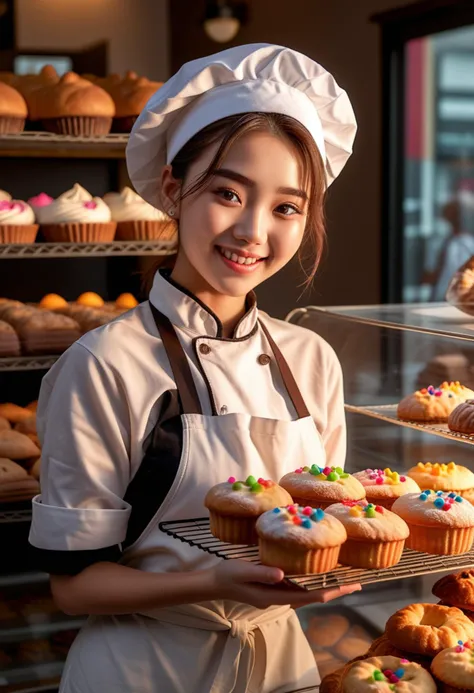 photo of (lovely baker) young woman, korean, fair skin, hazel eyes, normal build, short brown messy bun hair,  wearing a baker hat, white chef jacket, apron, trousers, black dress shoes, holding a bread loaf, set in  Bakery Shop, Sweet Treats Section, vibrant area with glass cases filled with colorful pastries, a counter with jars of cookies, shelves with cakes and cupcakes , woman smiling,  ,volumetric lighting, Masterpiece,best quality, photo, realistic, very aesthetic, detailed face,