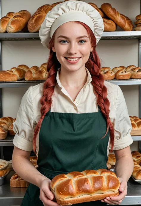 (medium full shot) of (charming baker) young woman, swedish, pale skin, dark green eyes, curvy build, long red single braid hair,  wearing a baker hat, beige blouse, apron, khakis, black dress shoes, holding a bread loaf, set in  Pastry Shop, Kitchen, efficient workspace with stainless steel counters, ovens, cooling racks, pastry tools, shelves stocked with ingredients and utensils, woman smiling, ,Masterpiece,best quality, photo, realistic, very aesthetic, detailed face,