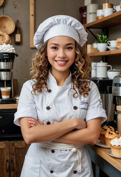 (medium full shot) of (charming baker) young woman, thai, light skin, hazel eyes, Average build, extra long hazel curly down hair,  wearing a baker hat, white chef jacket, apron, khakis, white sneakers, holding a whisk, set in  Bakery Shop, Coffee Corner, inviting space with a coffee machine, a counter with coffee supplies, small tables and chairs for customers, potted plants for ambiance , woman smiling, ,Masterpiece,best quality, photo, realistic, very aesthetic, detailed face,