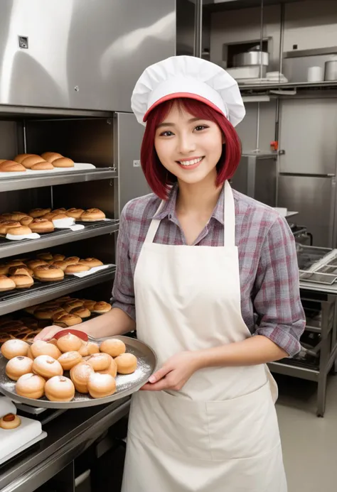 (medium full shot) of (vivacious baker) young woman, korean, tan skin, hazel eyes, lithe build, medium red inverted bob hair,  wearing a baker hat, button-up shirt, apron, khakis, loafers, holding a tray of pastries, set in  Bakery Kitchen, spacious kitchen with stainless steel counters, industrial ovens, baking trays, shelves with baking ingredients, a large island for dough preparation, woman smiling,  ,Masterpiece,best quality, photo, realistic, very aesthetic, detailed face,