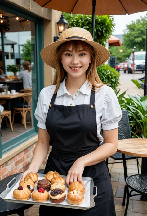 (medium full shot) of (radiant baker) young woman, thai, fair skin, light brown eyes, Average build, medium ginger straight bangs hair,  wearing a baker hat, polo shirt, apron, skirt, black dress shoes, holding a tray of pastries, set in  Cafe Patio, outdoor seating area with tables and chairs, umbrellas for shade, string lights, potted plants creating a relaxed atmosphere, woman smiling, ,Masterpiece,best quality, photo, realistic, very aesthetic, detailed face,