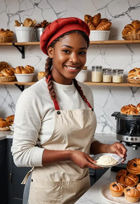 (medium full shot) of (graceful baker) young woman, african, dark skin, brown eyes, voluptuous build, short red single braid hair, wearing a baker hat, cream sweater, apron, trousers, slip-resistant shoes, holding a whisk, set in Bakery, Pastry Station, organized area with pastry bags, piping tips, racks of cooling pastries, a marble countertop for dough rolling, a stand mixer, woman smiling, ,Masterpiece,best quality, photo, realistic, very aesthetic, detailed face,