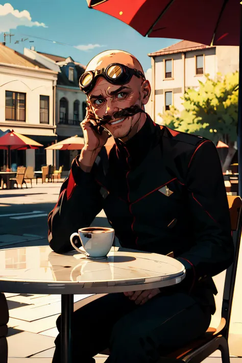 r0b0tnik,bald, mustache,goggles on head, brown eyes, black outfit, red trim, looking at viewer, serious, evil grin, sitting, on chair, outside, patio, table, holding cappuccino, high quality, masterpiece, <lora:robotnik:1>