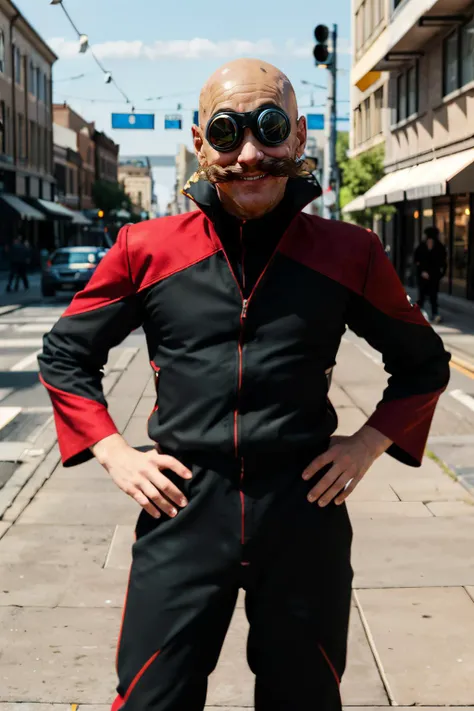 r0b0tnik,bald, mustache, wearing goggles, black jumpsuit, red trim, looking at viewer, smiling, medium shot, standing, hands on hips, outside, city, street, blue sky, high quality, masterpiece, <lora:robotnik:1>