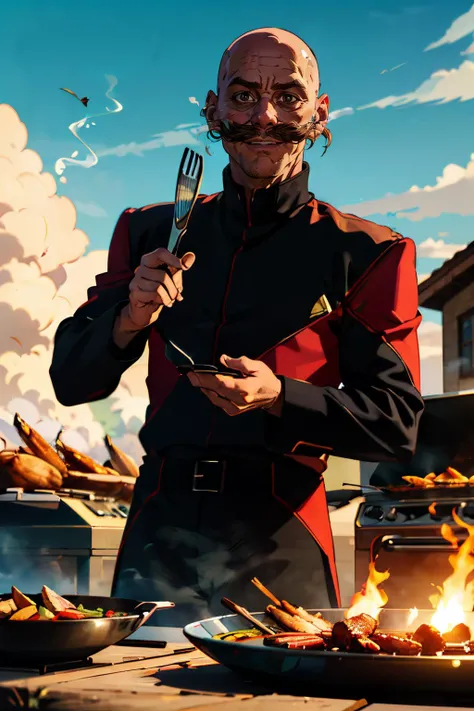 r0b0tnik,bald, mustache,goggles on head, brown eyes, black outfit, red trim, looking at viewer, serious, smirk, standing, cooking, holding tongs, outside, backyard, barbecue, smoke, chicken, vegetables, blue sky, high quality, masterpiece, <lora:robotnik:1>