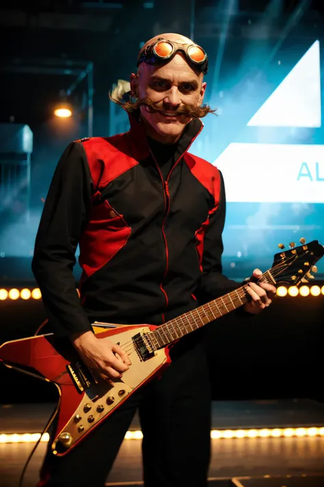 r0b0tnik,bald, mustache, wearing goggles, black jumpsuit, red trim, looking at viewer, serious, grin, standing, on stage, playing electric guitar, neon lighting, high quality, masterpiece,  <lora:robotnik:1> <lora:guitar_v_flying_v:.8>