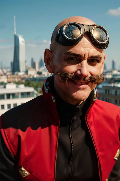 r0b0tnik,bald, mustache, goggles on head, brown eyes, black jumpsuit, red trim, looking at viewer, smiling, close up, outside, cityscape, blue sky, high quality, masterpiece, <lora:robotnik:1>