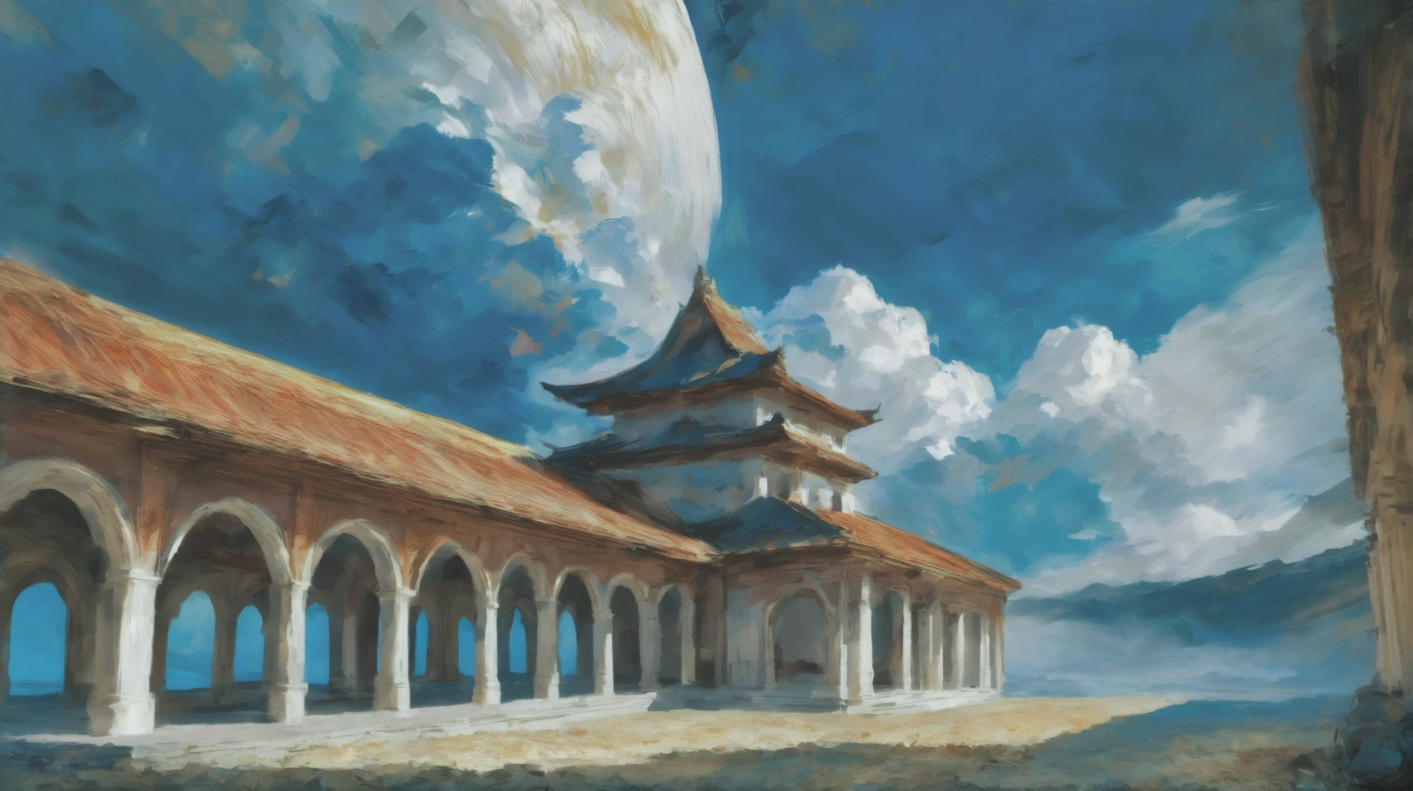 oil painting, photoshop rough oil brush set, morning, blue sky, clouds, architecture, Cryptidcore Lunar Highlands, vibrant color scheme<lora:EnvyAnimeOilXL01:1>