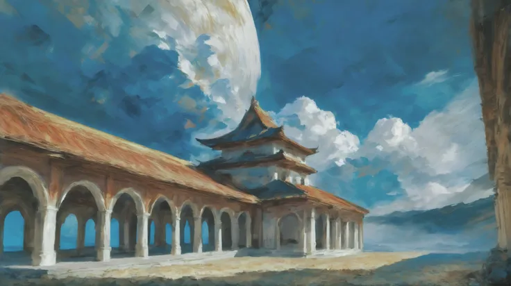 oil painting, photoshop rough oil brush set, morning, blue sky, clouds, architecture,  Cryptidcore Lunar Highlands, vibrant color scheme<lora:EnvyAnimeOilXL01:1>