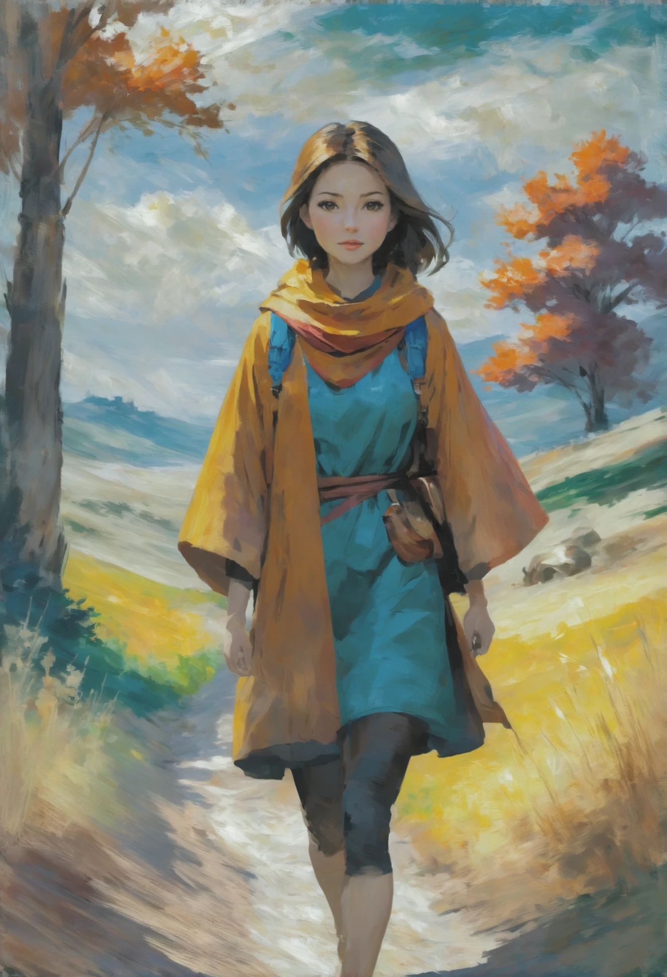 oil painting, photoshop rough oil brush set, noon, scenery, in a Wanderer's Trail, vibrant color scheme<lora:rough-oil-sat-mega-adam-e-000022:1>
