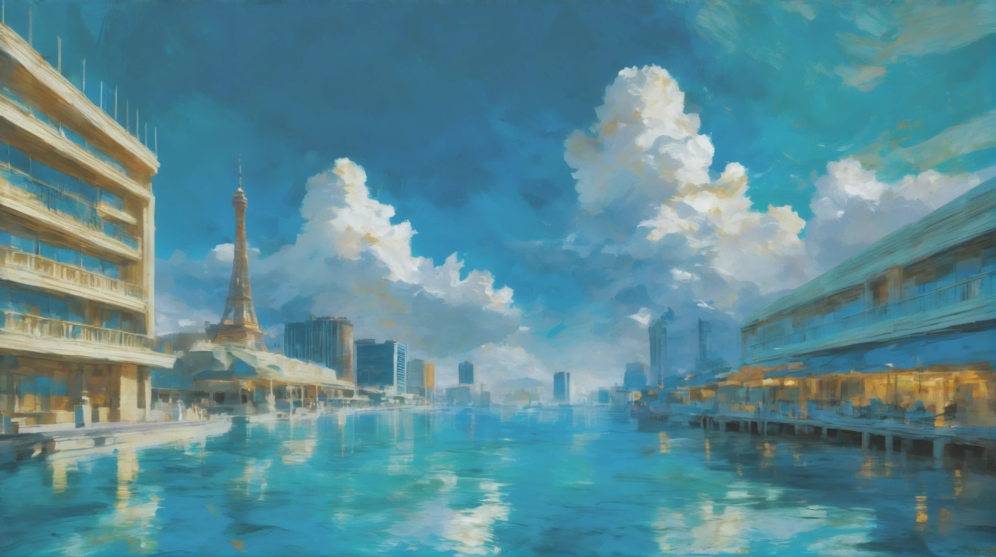 oil painting, photoshop rough oil brush set, morning, blue sky, clouds, scenery, tiny Las Vegas in a Mermaid Lagoons, vibrant color scheme<lora:EnvyAnimeOilXL01:1>