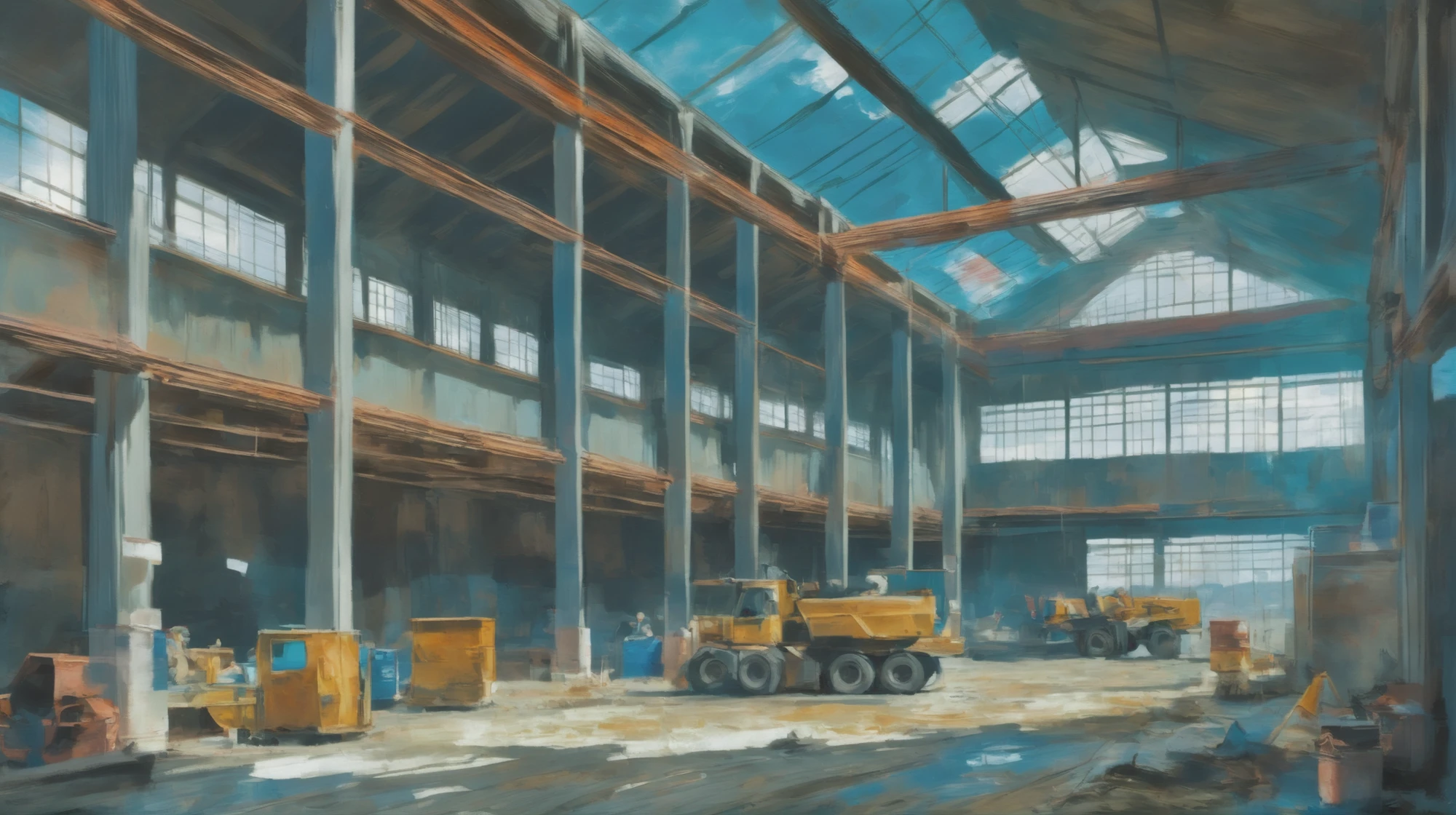 oil painting, photoshop rough oil brush set, noon, scenery, whimsical barn in a construction site, vibrant color scheme<lora:EnvyAnimeOilXL01:1>