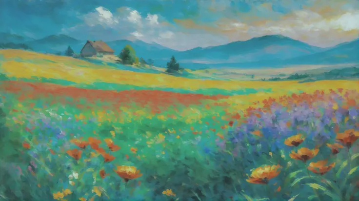 oil painting, photoshop rough oil brush set, well-lit interior, in a Bright wildflower field, vibrant color scheme<lora:EnvyAnimeOilXL01:1>