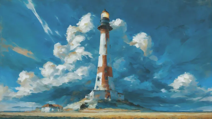 oil painting, photoshop rough oil brush set, noon, blue sky, clouds, scenery, "at the Reflective timeless Beacon", vibrant color scheme<lora:EnvyAnimeOilXL01:1>