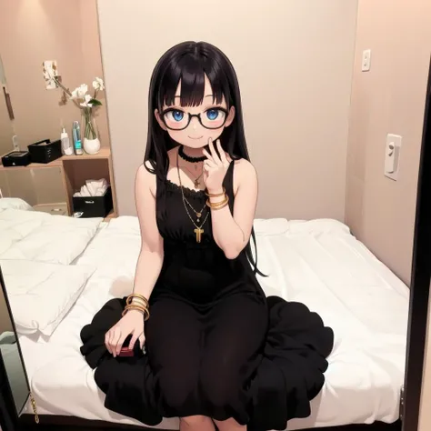 best quality, ultra-detailed, illustration,
hakohel, scenery, pillow, indoors, tissue box, bed, mirror, door,
1girl, solo, glasses, jewelry, long hair, necklace, smile, black hair, looking at viewer, black dress, sleeveless dress, bracelet, choker, sitting,
<lora:hakohel_SD15_V1:0.8>