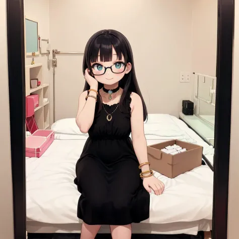 best quality, ultra-detailed, illustration,
hakohel, scenery, pillow, indoors, tissue box, bed, mirror, door,
1girl, solo, glasses, jewelry, long hair, necklace, smile, black hair, looking at viewer, black dress, sleeveless dress, bracelet, choker, sitting,
<lora:hakohel_SD15_V1:0.8>