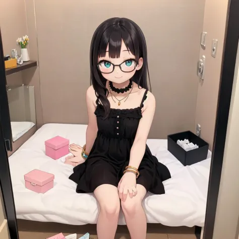 best quality, ultra-detailed, illustration,
hakohel, scenery, pillow, indoors, tissue box, bed, mirror, door,
1girl, solo, glasses, jewelry, long hair, necklace, smile, black hair, looking at viewer, black dress, sleeveless dress, bracelet, choker, sitting,
<lora:hakohel_SD15_V1:0.8>