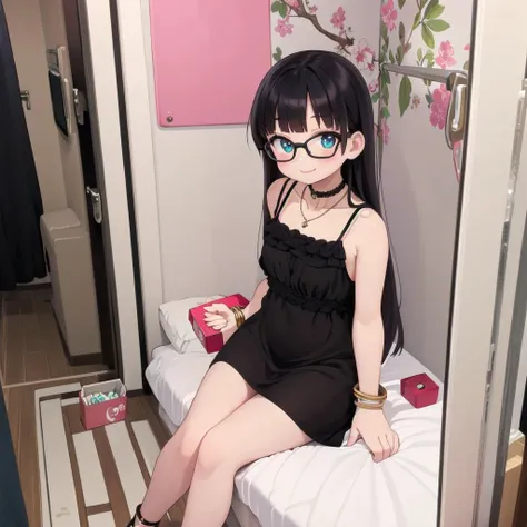 best quality, ultra-detailed, illustration,
hakohel, scenery, pillow, indoors, tissue box, bed, mirror, door, 
1girl, solo, glasses, jewelry, long hair, necklace, smile, black hair, looking at viewer, black dress, sleeveless dress, bracelet, choker, sitting,
 <lora:hakohel_SD15_V1:0.8>