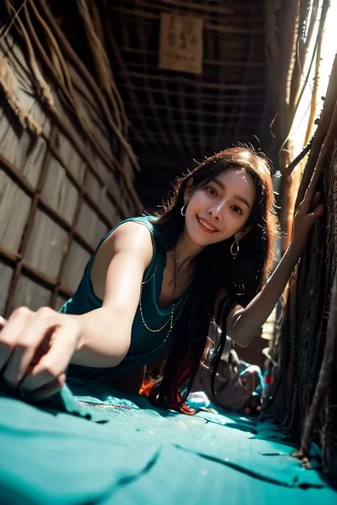 (otherworldly, otherworldly atmosphere, otherworldly appearance), highly insanely detailed, masterpiece, top quality, best quality, highres, 4k, 8k, RAW photo, Caribbean, egyptian, 
depth of field, focused, foreshortening, 
(dark tunnel, flower field, flower filed, china street), 
(long_hair, long hair), collar, earrings, (Latina:0.5), 
(random colors cloth, random colors hair), sparking lips, eyeliner, 
(Adult, jav, half naked, nsfw:0.8), 
<lora:Han Ji min:0.7>, 
fisheye, from below, 
(air bed, indian slums, egyptian slums:1.2), Air Mattress, 
(smiling at viewer), (fantasy world)