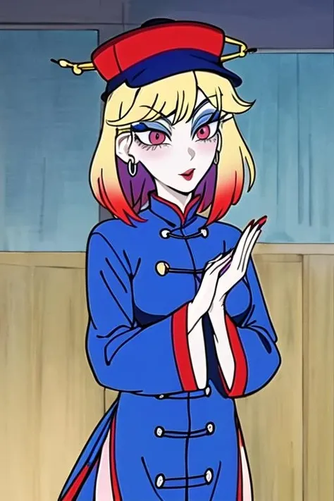 blue chinese clothes, hat,makeup lipstick, jewelry,eyeshadow,<lora:kitagawa_marin_v1-1:0.8> kitagawa marin, 1girl, red eyes, blonde hair,multicolored hair, <lora:chuuka_madamu_pukkenshou_2023_10_22_step_001_fin:0.9>
