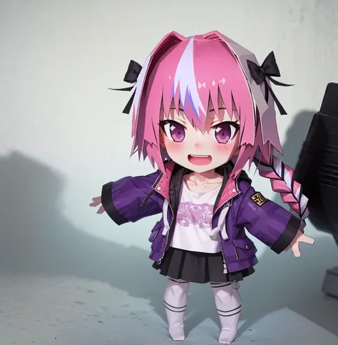 (Highest picture quality),(Master's work), papercraft, 1boy, Astolfo, chibi,black skirt, long braid, braid, looking at viewer, purple eyes, hair between eyes, striped, collarbone, hooded jacket, hair bow, open mouth, shirt, open clothes, black bow, pink hair, miniskirt, single braid, jacket, long hair, long sleeves, black pantyhose, purple jacket, hair intakes, streaked hair, striped shirt, hair ribbon, <lora:Astolfo-05:0.4>, wariza, smile, blush, thick thighs, full body,White background