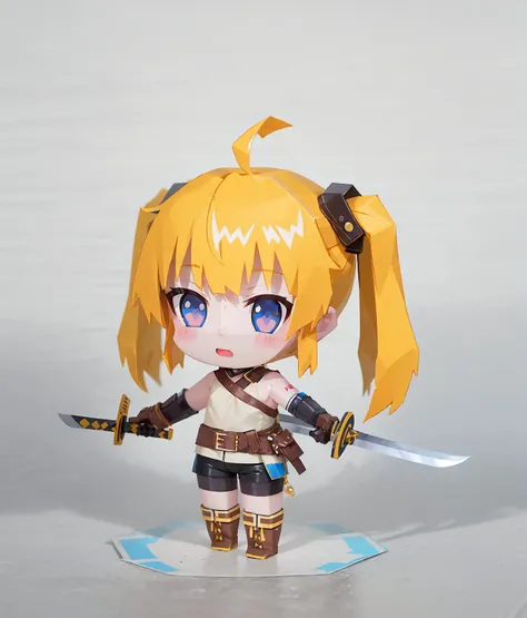 (Highest picture quality),(Master's work), papercraft, 1girl, chibi,solo, weapon, blonde hair, sword, twintails, long hair, holding, boots, white background, holding weapon, full body, simple background, holding sword, gloves, looking at viewer, bike shorts, bare shoulders, shorts, off shoulder, fingerless gloves, belt, dress, bangs, black shorts, ahoge, brown footwear, floating hair, closed mouth, petals, long sleeves, sheath, black footwear, black gloves