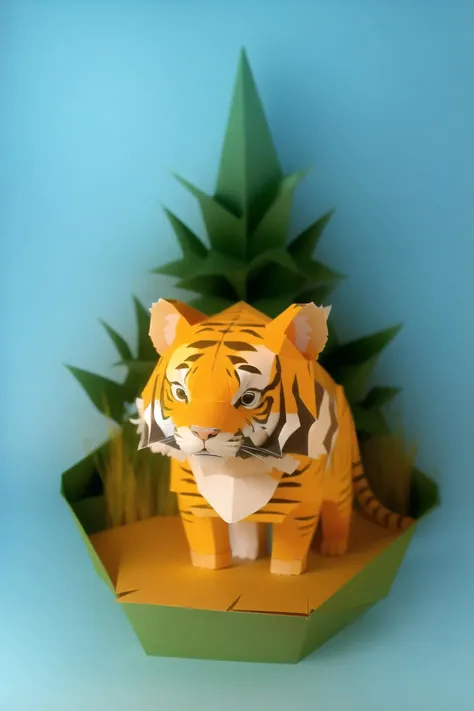 <lora:papercraftV0.3-000004:1>
A papercraft tiger hiding in the tall grass, in a dense papercraft jungle.
Paper, card, stiff card, colored cardboard, origami, paper model, sharp edges, low poly, rough paper texture.
Highres, high resolution, sharp focus, low detail, sidelighting.
<lora:LowRA:0.5>
