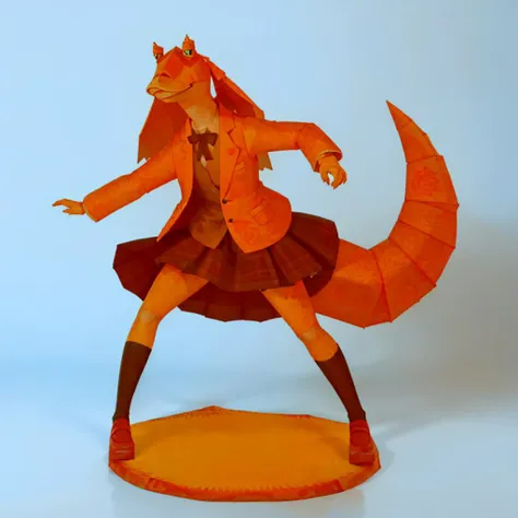 masterpiece, best quality, papercraft, low poly, jar jar binks, Beautiful Art Style, 1girl, young woman, corduroy or tweed blazer paired with a floral dress, knee-high socks, and mary jane shoes, delightful, frozen lakeside, colored cardboard, origami, paper model, sharp edges, low poly, rough paper texture <lora:papercraftV0.3-000004:1.2>, <lora:jarJarBinksGunganStar_v3:0.6>