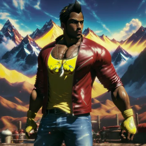 (best quality, masterpiece, ultra detailed, anime style:1.3), diegodoa, 1boy, open eyes, detailed eyes , handsome, detailed face, red jacket, yellow t-shirt:1.1, blue jeans, necklace, boxing gloves, fighting pose, day, clouds, mountains <lora:DiegoDOA:1> full body, natural lighting