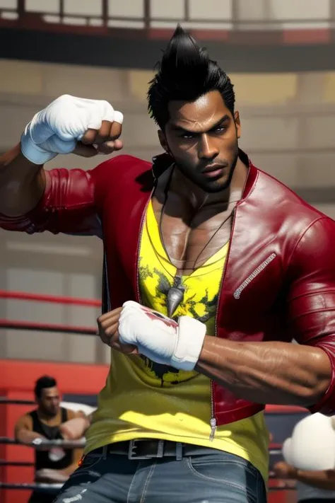(best quality, masterpiece, ultra detailed:1.2),  diegodoa, 1boy, open eyes, detailed eyes , red jacket, yellow t-shirt:1.1, jeans, necklace, boxing gloves, fighting pose, boxing arena   <lora:DiegoDOA-000004 (1):1> action scene