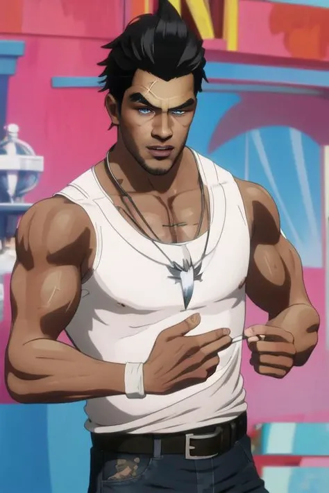 (anime style:1.2), masterpiece, diegodoa, 1boy, detailed face, t-shirt, jeans, necklace, pub background <lora:arcaneStyleLora_offset:0.8> <lora:Diego-DOA:1>