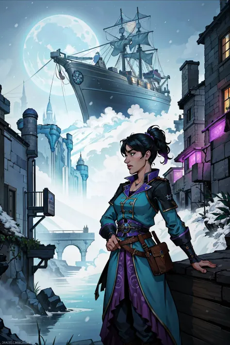 1girl, vibrant Technical illustration, (Vibrant theme:0.7) , side-profile of a Unappealing Daring Pirate ([Zip line:Ambulance:4]:1.3) , it is engraved with Teal and dark violet patterns, it is covered in Ink, Proud, at [Liquid:Unadvised:8] Ironforge, Petrified garden and Moon in background, Snowing, Panorama, Magic Realism, Energetic, American Impressionism, natural lighting, Zoom lens, Low Contrast, Diorama, charming and lovely, Concept Art World, extremely hyper aesthetic, [ (flat colors art stylized by Fern Isabel Coppedge:0.8) , (Jan Frans van Bloemen:1.1) , (Guido Borelli da Caluso:0.9) :10]