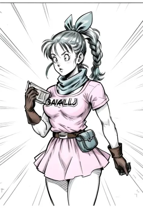 <lora:bulma_v1:0.75>, dragon ball, blmpony, aqua hair, hair ribbon, braided ponytail, pink shirt, belt, scarf, pink skirt, clothes writing, brown gloves, medium breasts,
<lora:add_detail:1.00>,
<lora:epiNoiseoffset_v2-pynoise:1.00>,
<lora:animeoutlineV4_16:1.00>, 
lineart, monochrome,
