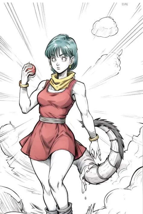 <lora:bulma_v1:0.75>, dragon ball, blmshort, aqua hair, very short hair, earrings, jewelry, red dress, medium breasts, yellow scarf, short dress, sleeveless,
<lora:add_detail:1.00>,
<lora:epiNoiseoffset_v2-pynoise:1.00>,
<lora:animeoutlineV4_16:1.00>, 
lineart, monochrome,