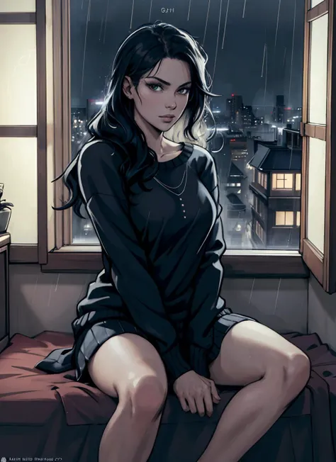 masterpiece, best quality, 8k, artstation, wallpaper, official art, splash art, sharp focus, beautiful woman, wearing comfy clothes. sitting by window, looking out window, at night. rainy night. ((in cozy bedroom)), (solo)